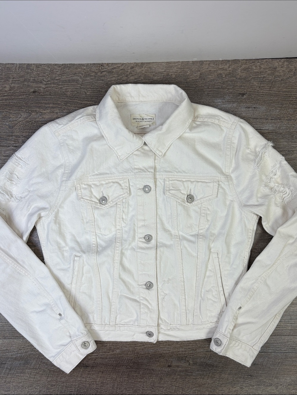 Ralph Lauren Denim & Supply White Distressed Denim Trucker Jacket Size M